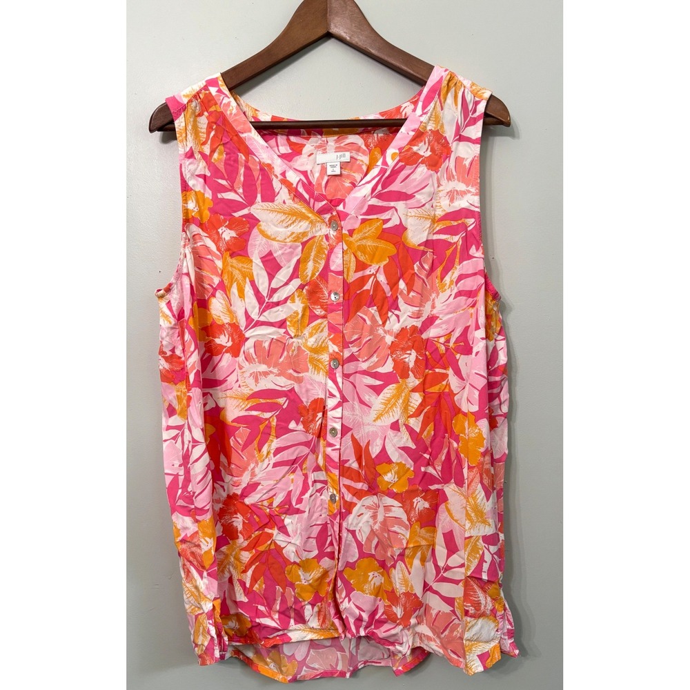 J Jill Tropical Floral Button Front Sleeveless Blouse Pink Orange L Tall